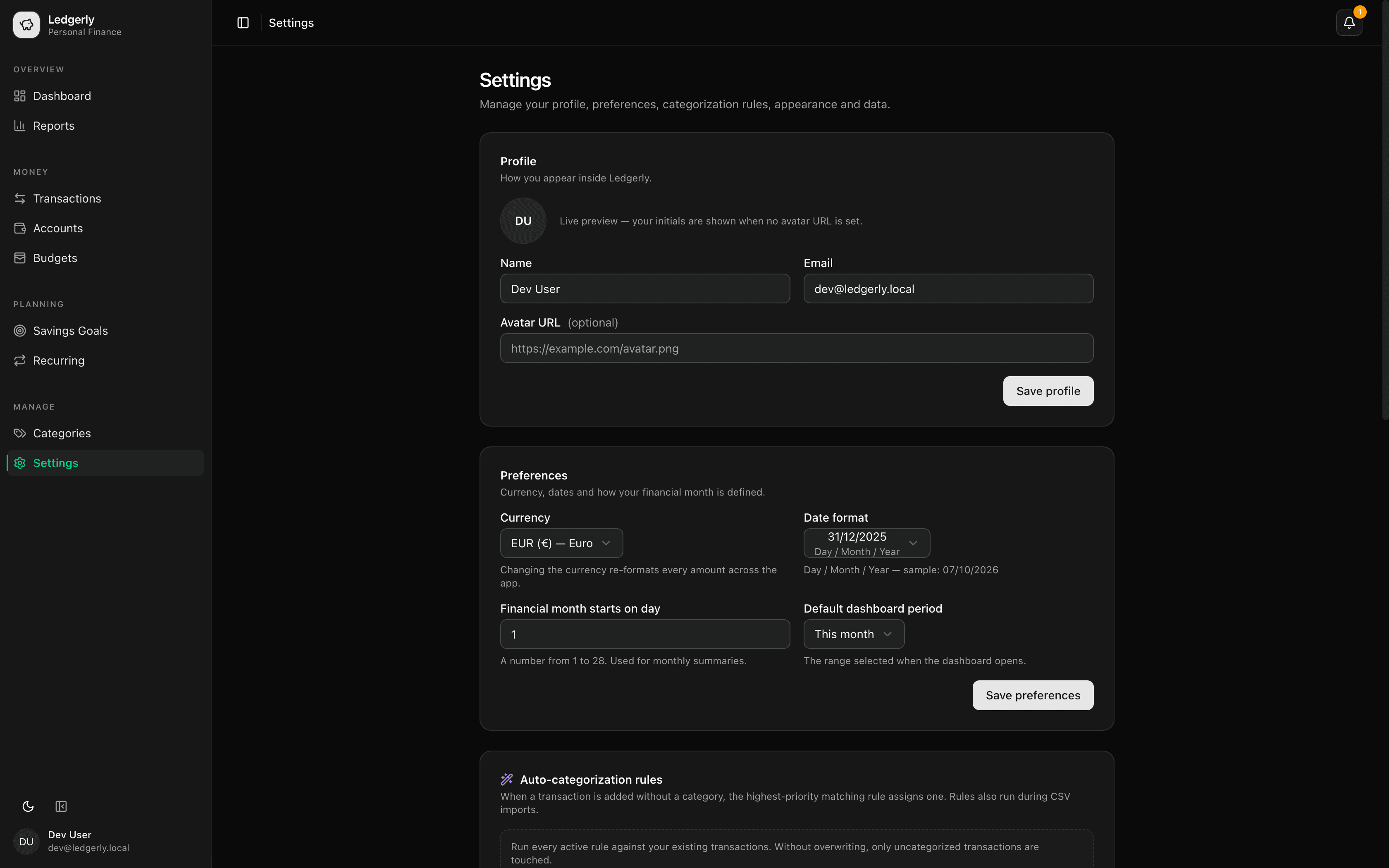 Dashboard Settings