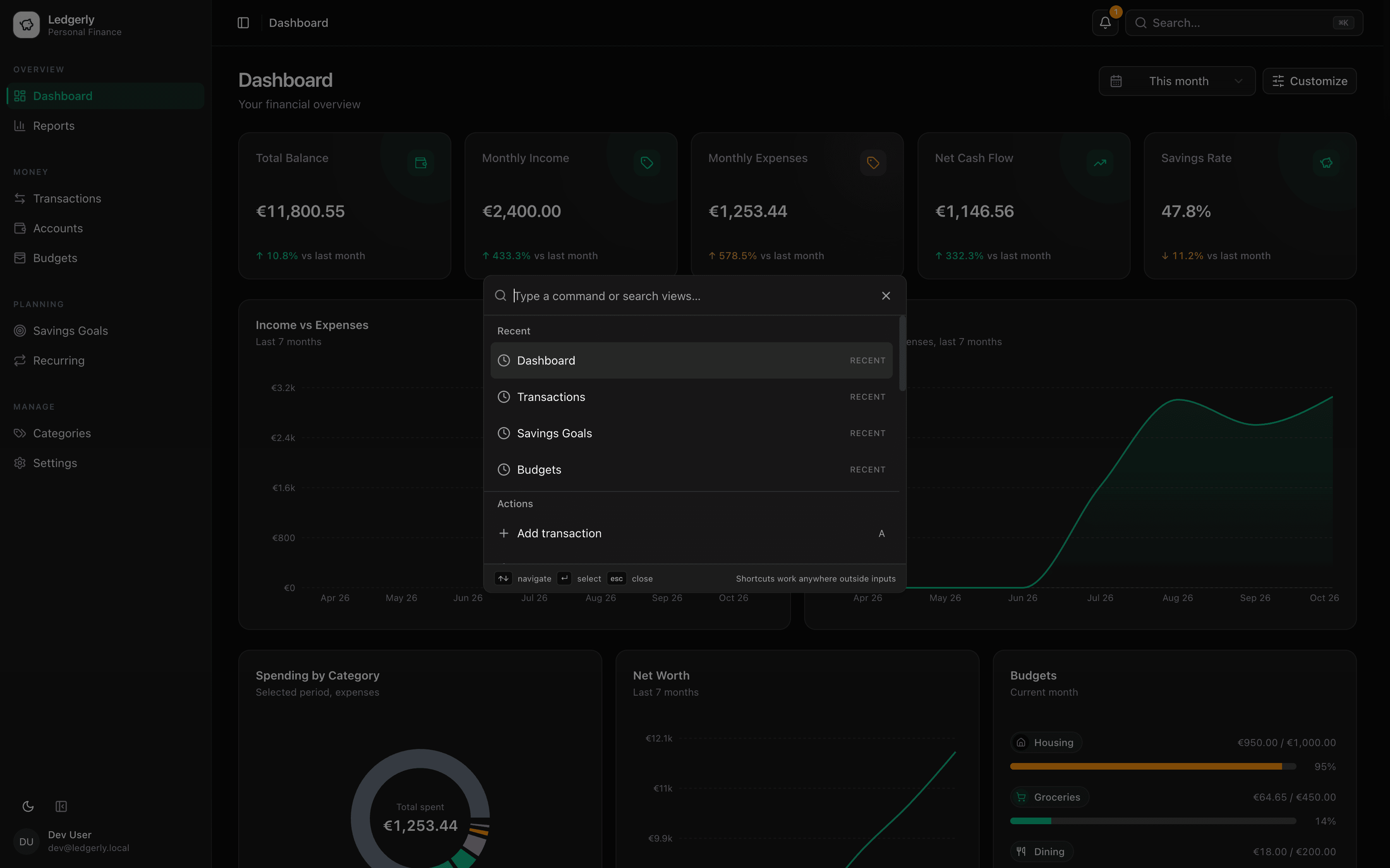 Dashboard Command Palette